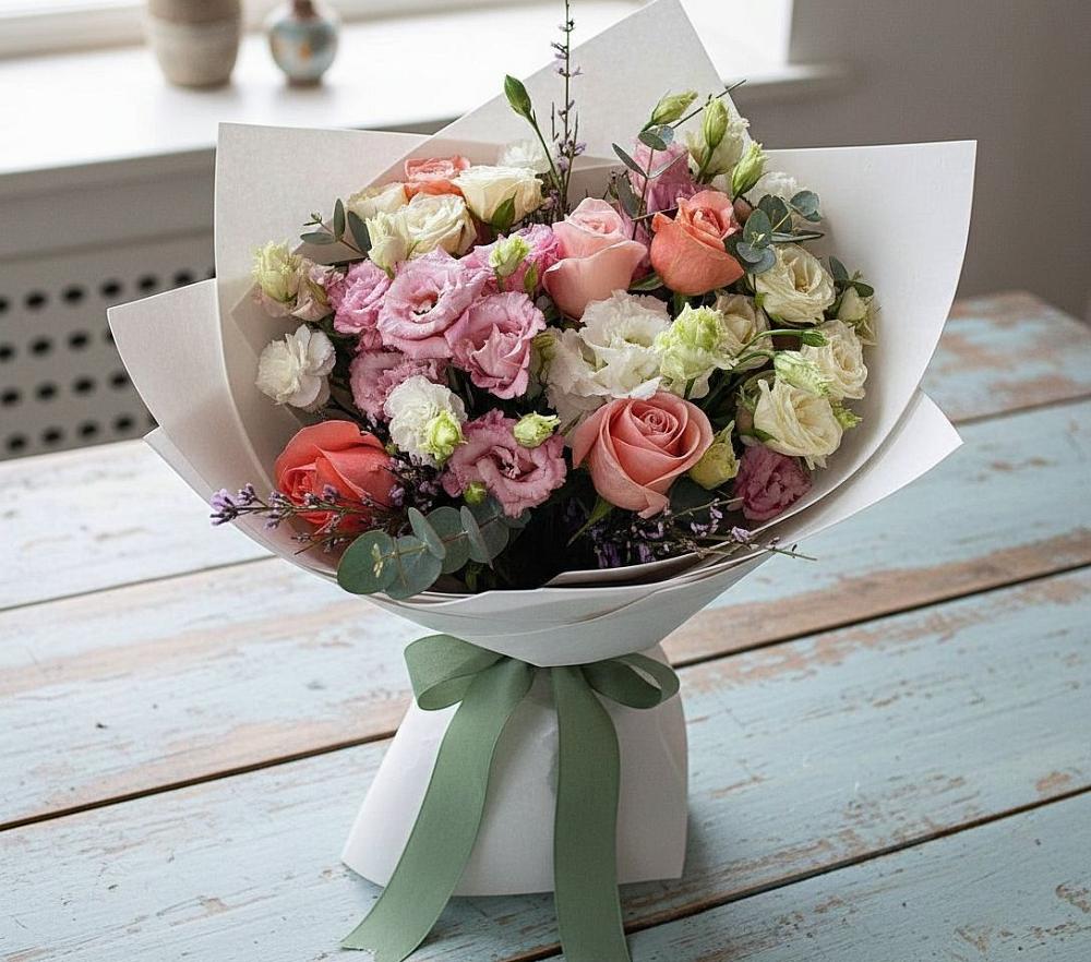 Букет цветов из: Розы, Лизиантусы и Гвоздики в Ровеньках