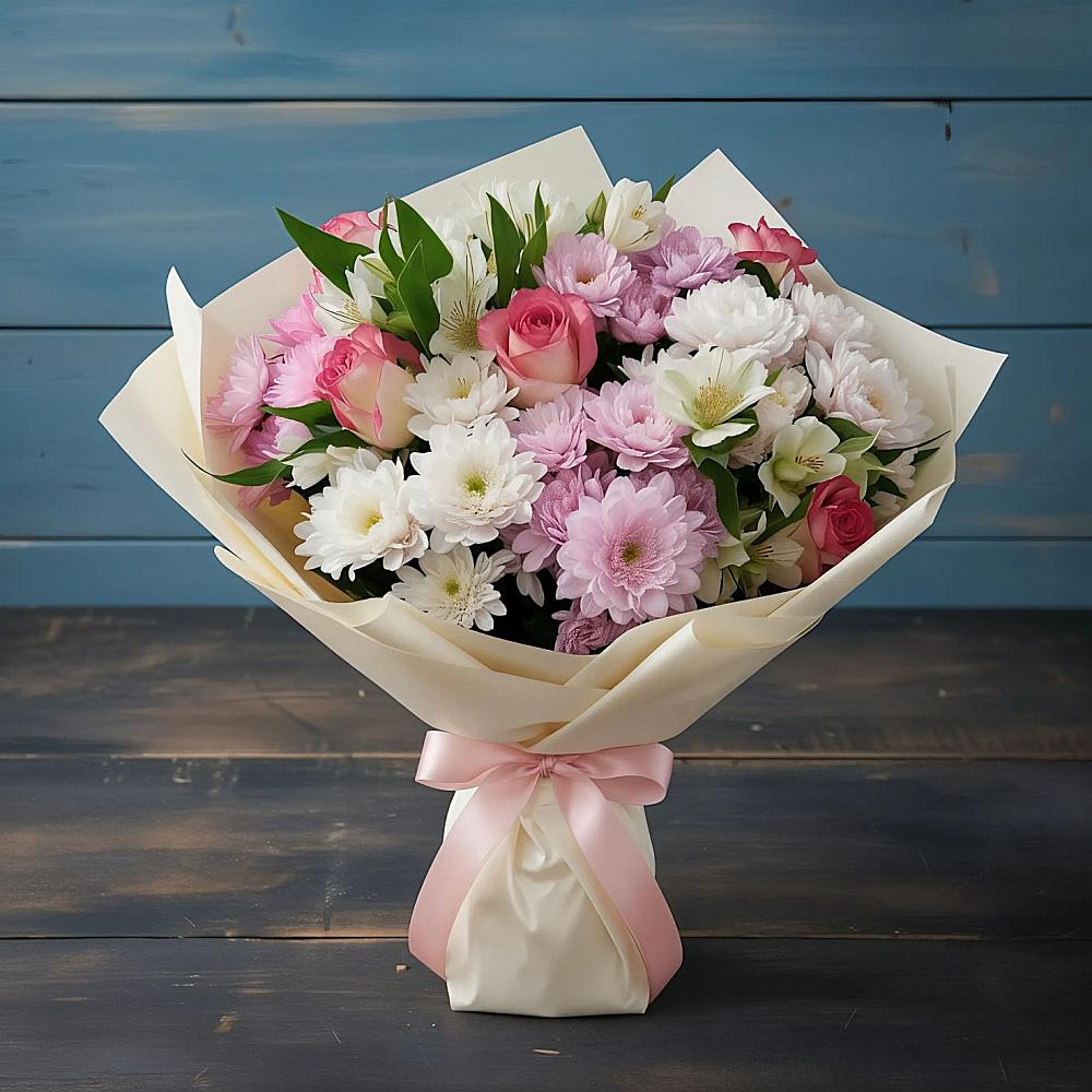 Букет цветов из: Хризантемы, Альстромерии и Розы в Ровеньках